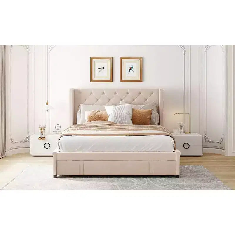 Cadre de lit en velours de taille Queen Okak avec grand tiroir de rangement Lit moderne rembourré avec tête de lit à oreilles Facile à assembler
