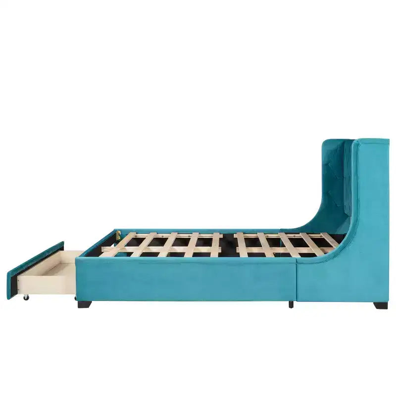 Cadre de lit en velours de taille Queen Okak avec grand tiroir de rangement Lit moderne rembourré avec tête de lit à oreilles Facile à assembler