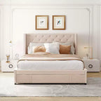 Okak Queen Size Velvet Platform Bed Frame with Big Storage Drawer Upholstered Modern Bed with Wingback Headboard Easy to Assemble