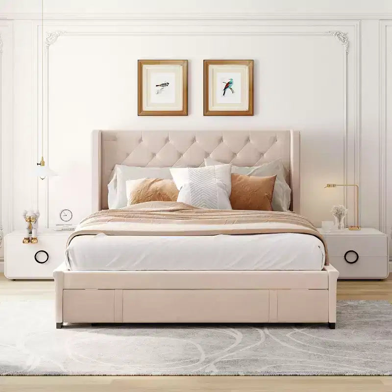 Okak Queen Size Velvet Platform Bed Frame with Big Storage Drawer Upholstered Modern Bed with Wingback Headboard Easy to Assemble