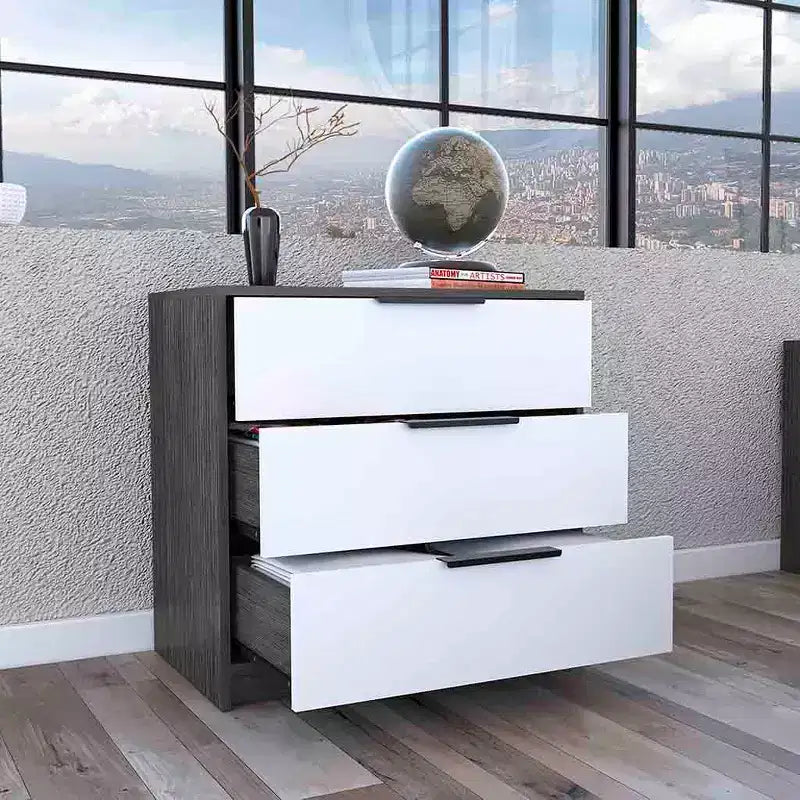 Commode de chambre moderne Okak à 3 tiroirs avec plateau supérieur, commode en bois, commode pour chambre/entrée/bureau