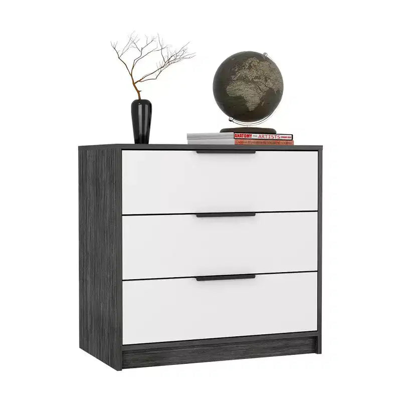 Commode de chambre moderne Okak à 3 tiroirs avec plateau supérieur, commode en bois, commode pour chambre/entrée/bureau
