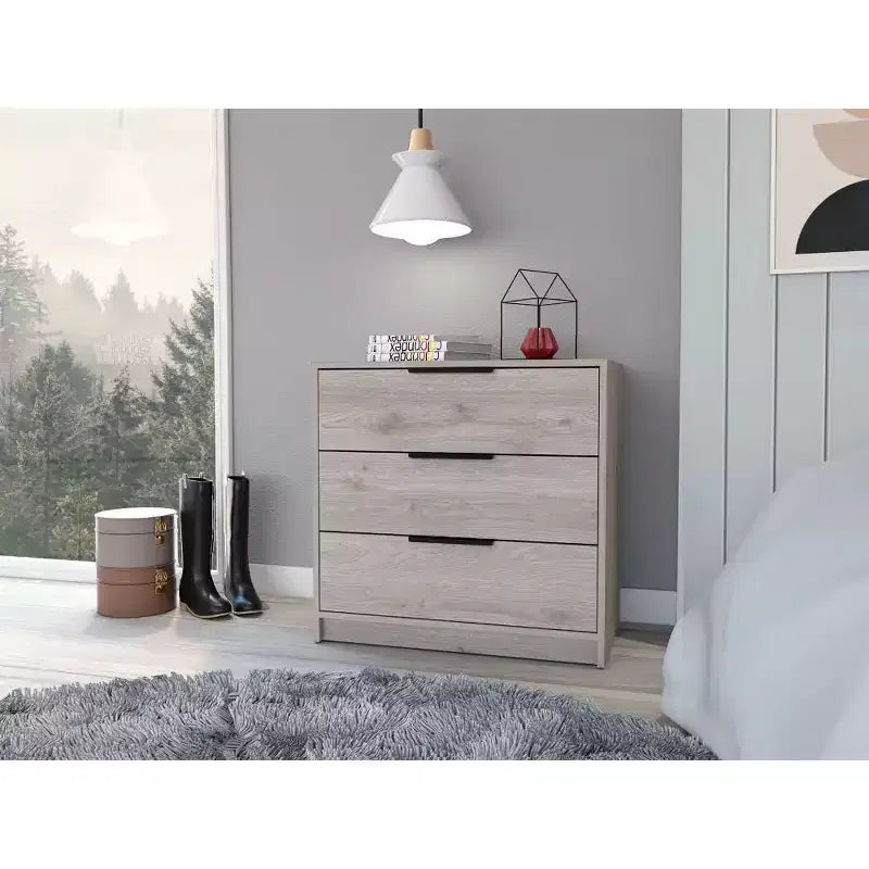 Commode de chambre moderne Okak à 3 tiroirs avec plateau supérieur, commode en bois, commode pour chambre/entrée/bureau