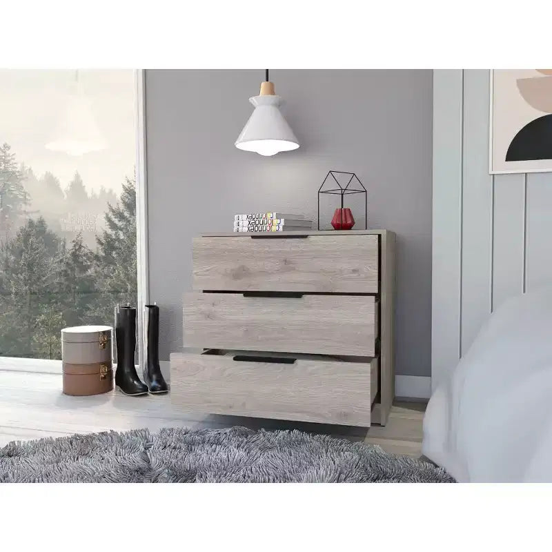 Commode de chambre moderne Okak à 3 tiroirs avec plateau supérieur, commode en bois, commode pour chambre/entrée/bureau