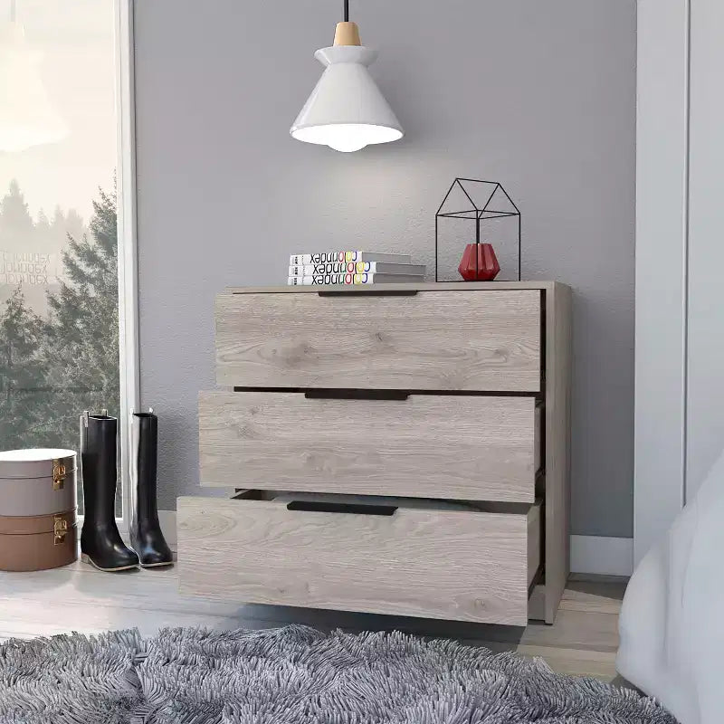 Commode de chambre moderne Okak à 3 tiroirs avec plateau supérieur, commode en bois, commode pour chambre/entrée/bureau