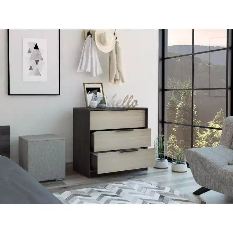 Commode de chambre moderne Okak à 3 tiroirs avec plateau supérieur, commode en bois, commode pour chambre/entrée/bureau