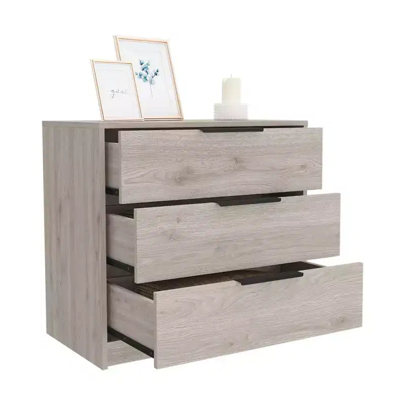 Commode de chambre moderne Okak à 3 tiroirs avec plateau supérieur, commode en bois, commode pour chambre/entrée/bureau