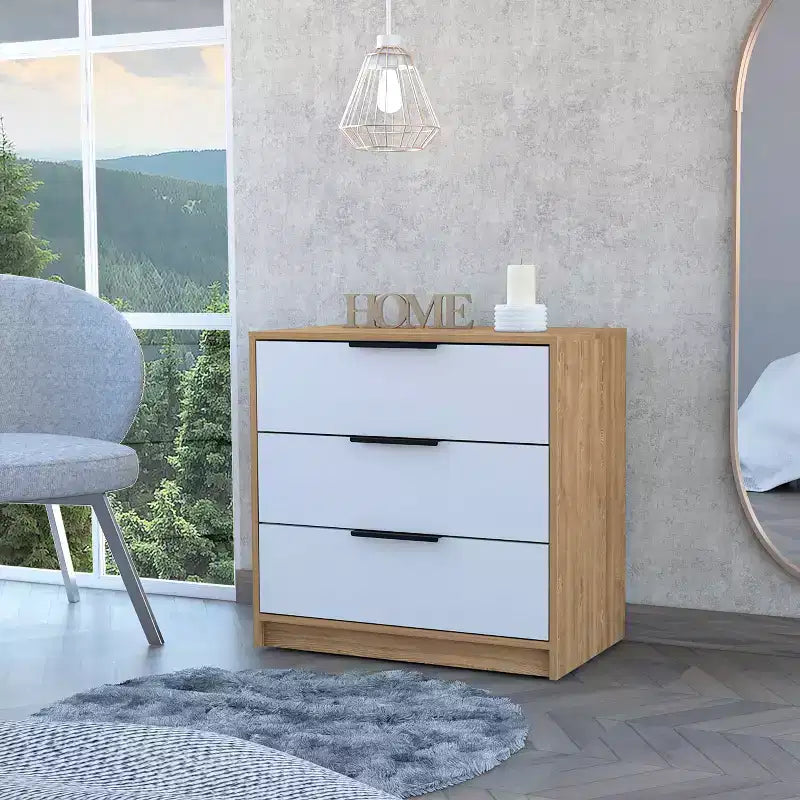 Commode de chambre moderne Okak à 3 tiroirs avec plateau supérieur, commode en bois, commode pour chambre/entrée/bureau