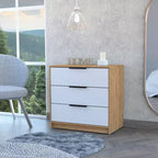 Commode de chambre moderne Okak à 3 tiroirs avec plateau supérieur, commode en bois, commode pour chambre/entrée/bureau