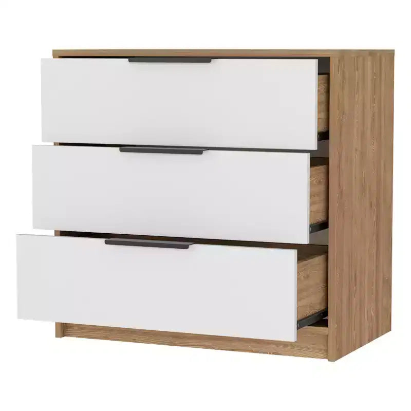 Commode de chambre moderne Okak à 3 tiroirs avec plateau supérieur, commode en bois, commode pour chambre/entrée/bureau