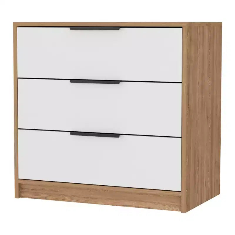 Commode de chambre moderne Okak à 3 tiroirs avec plateau supérieur, commode en bois, commode pour chambre/entrée/bureau