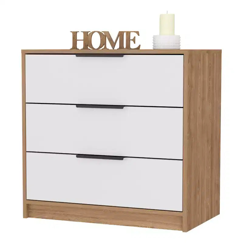 Commode de chambre moderne Okak à 3 tiroirs avec plateau supérieur, commode en bois, commode pour chambre/entrée/bureau