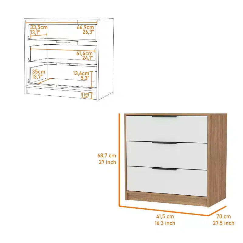 Commode de chambre moderne Okak à 3 tiroirs avec plateau supérieur, commode en bois, commode pour chambre/entrée/bureau