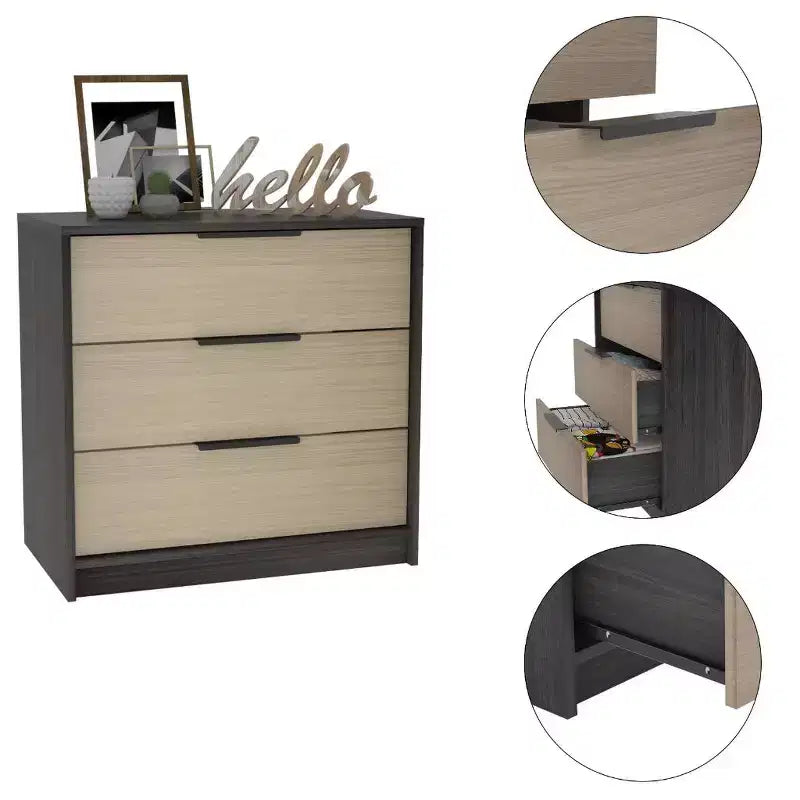 Commode de chambre moderne Okak à 3 tiroirs avec plateau supérieur, commode en bois, commode pour chambre/entrée/bureau