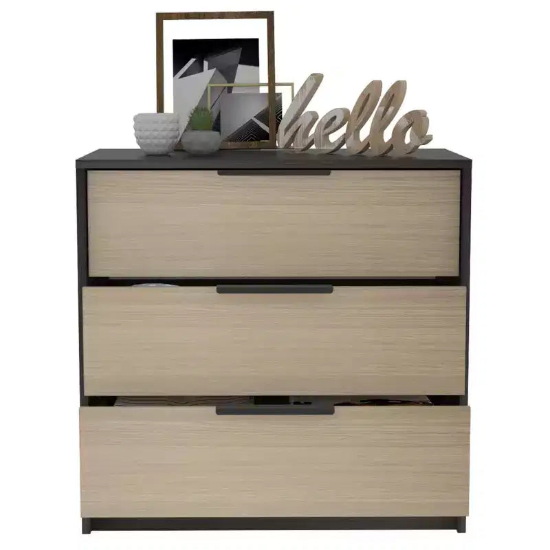 Commode de chambre moderne Okak à 3 tiroirs avec plateau supérieur, commode en bois, commode pour chambre/entrée/bureau