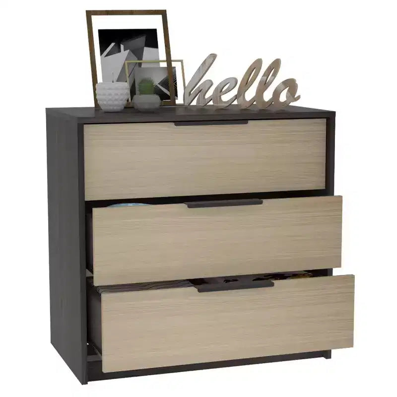 Commode de chambre moderne Okak à 3 tiroirs avec plateau supérieur, commode en bois, commode pour chambre/entrée/bureau