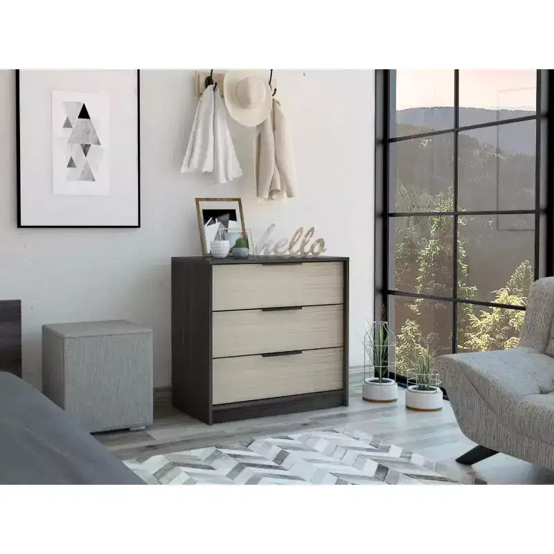 Commode de chambre moderne Okak à 3 tiroirs avec plateau supérieur, commode en bois, commode pour chambre/entrée/bureau