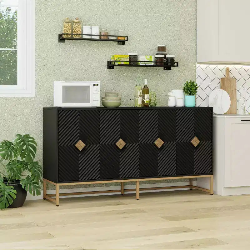 Meuble de Rangement Moderne Okak avec 4 Portes Sculptées et Étagère Réglable, Buffet de Salle à Manger Meuble Bar à Café pour Salon, Salle à Manger, Cuisine