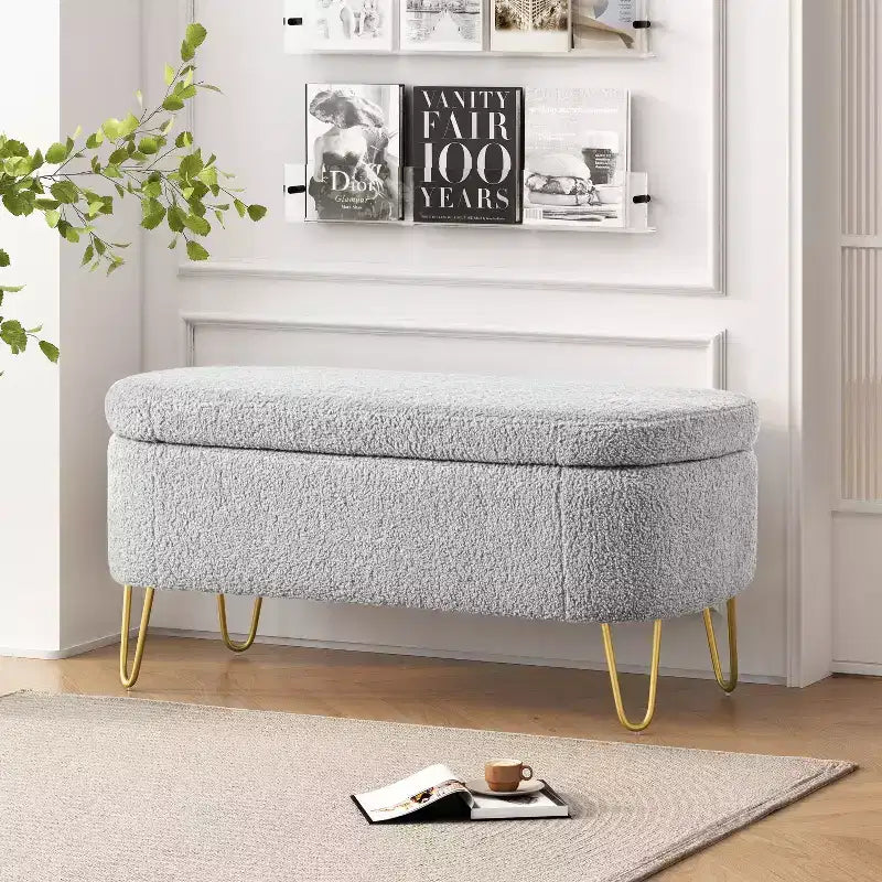 Okak Oval Storage Ottoman Bench with Soft Upholstered Metal Legs Storage Footrest Stool with Safety Hinge for Living Room, Entryway, Bedroom