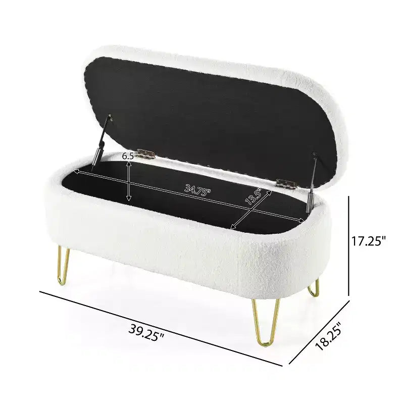 Banc ottoman de rangement ovale Okak avec pieds en métal souple rembourrés, tabouret repose-pieds de rangement avec charnière de sécurité pour salon, entrée, chambre