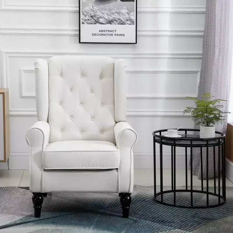 Fauteuil d'appoint Okak, fauteuil de salon capitonné avec coussin arrondi rembourré, fauteuil à dossier haut et accoudoirs avec pieds en bois pour salon et chambre