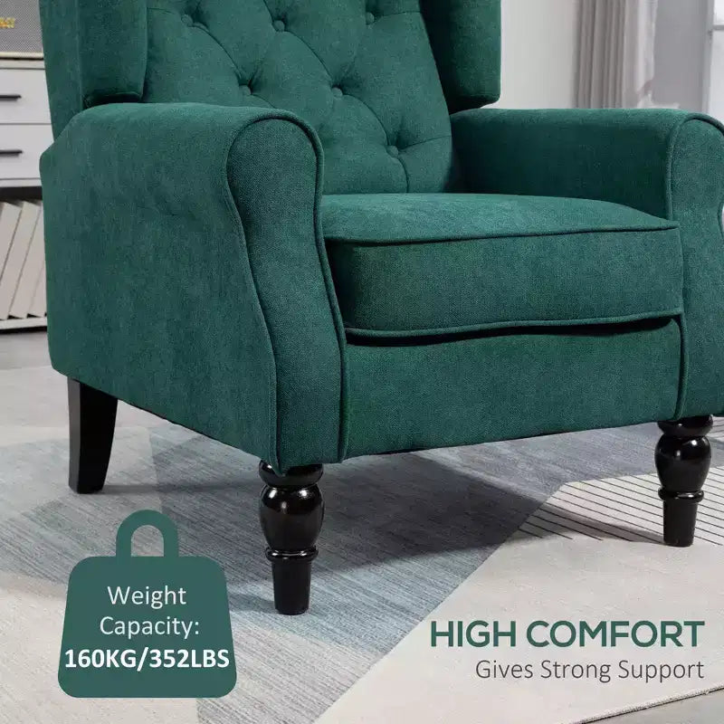 Fauteuil d'appoint Okak, fauteuil de salon capitonné avec coussin arrondi rembourré, fauteuil à dossier haut et accoudoirs avec pieds en bois pour salon et chambre