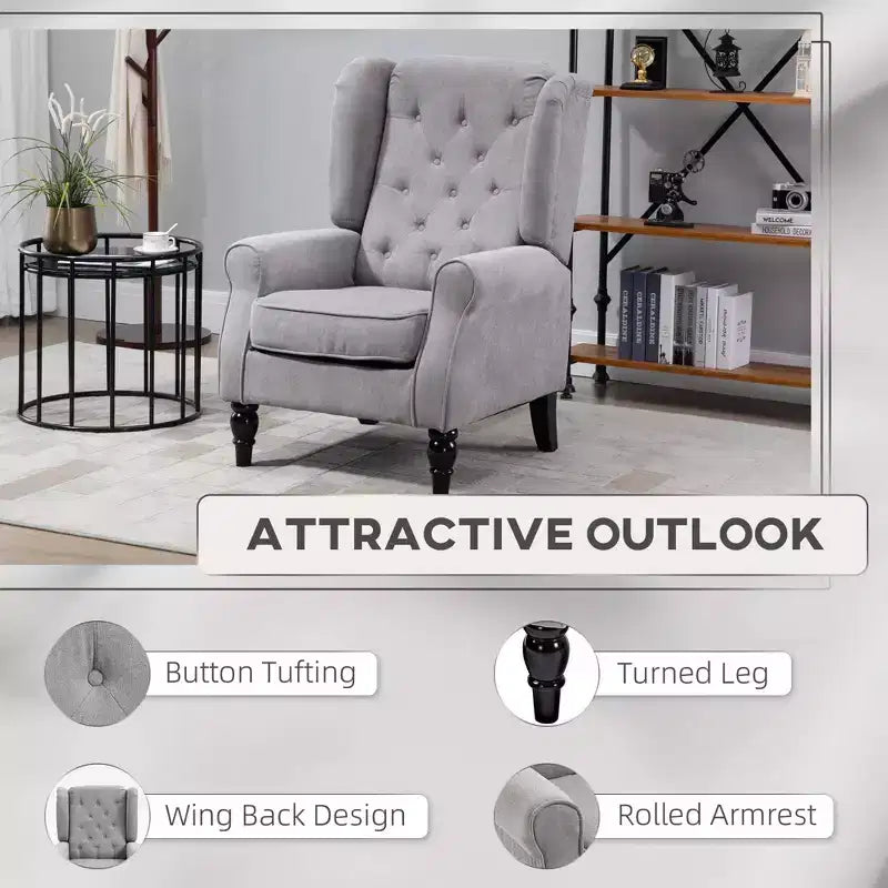 Fauteuil d'appoint Okak, fauteuil de salon capitonné avec coussin arrondi rembourré, fauteuil à dossier haut et accoudoirs avec pieds en bois pour salon et chambre