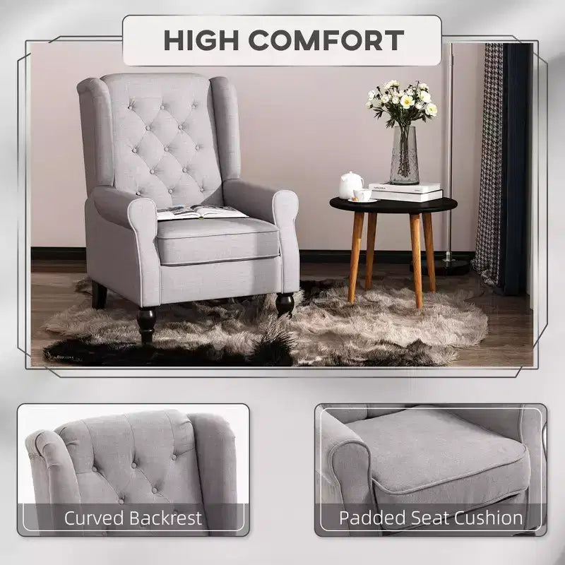 Fauteuil d'appoint Okak, fauteuil de salon capitonné avec coussin arrondi rembourré, fauteuil à dossier haut et accoudoirs avec pieds en bois pour salon et chambre