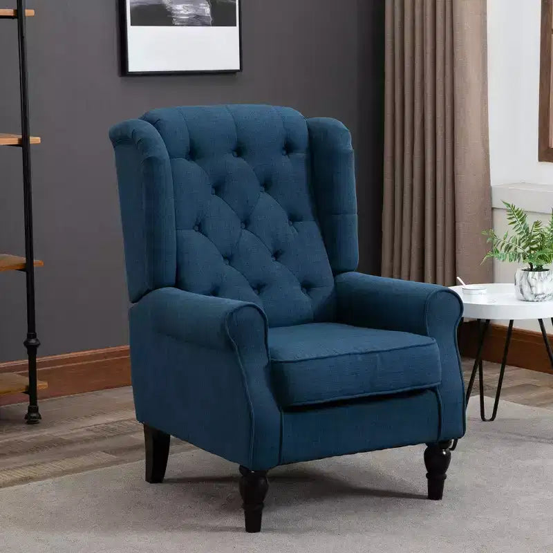 Fauteuil d'appoint Okak, fauteuil de salon capitonné avec coussin arrondi rembourré, fauteuil à dossier haut et accoudoirs avec pieds en bois pour salon et chambre