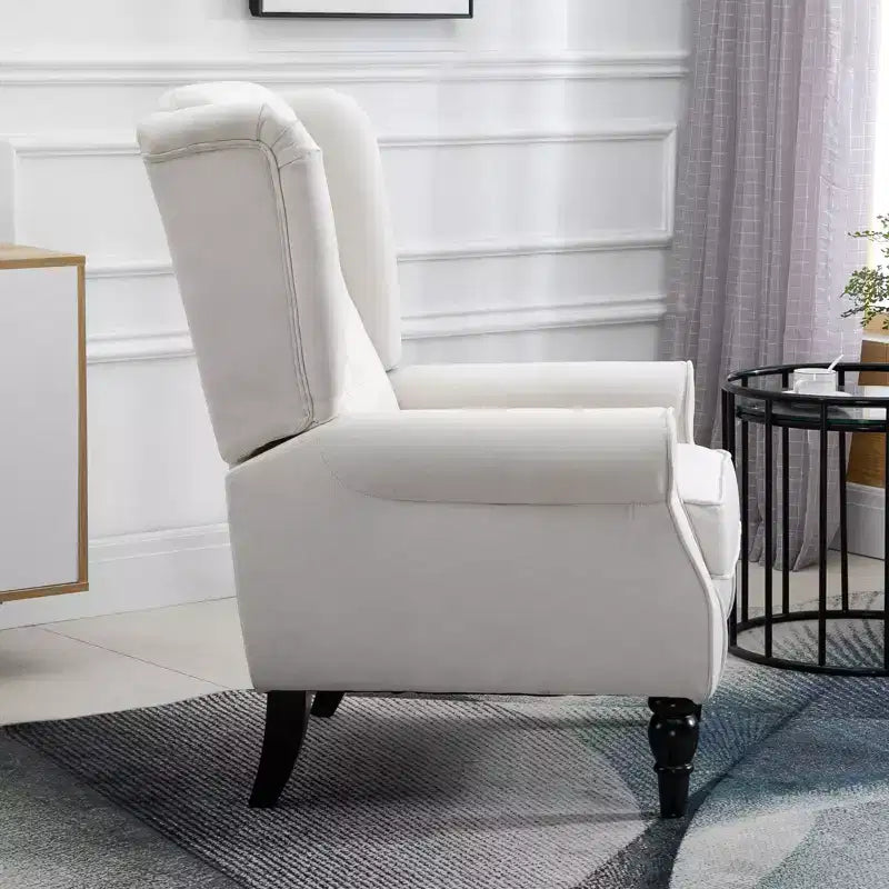 Fauteuil d'appoint Okak, fauteuil de salon capitonné avec coussin arrondi rembourré, fauteuil à dossier haut et accoudoirs avec pieds en bois pour salon et chambre