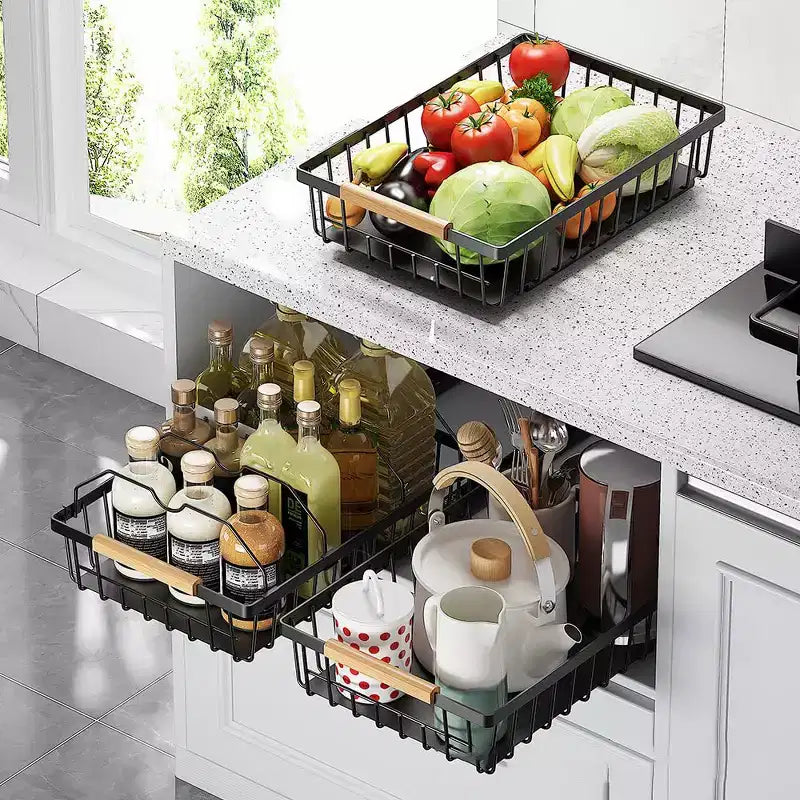Organisateur de placard coulissant, panier de placard en maille coulissant multifonctionnel avec 2 lignes de voiture, pour cuisine garde-manger salle de bain chambre noir
