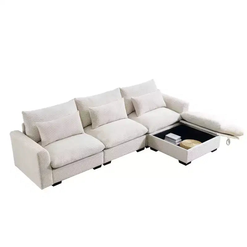 Canapé d'angle convertible Okak Comfy avec pouf de rangement et 3 oreillers, canapé moderne en velours côtelé pour salon, appartement