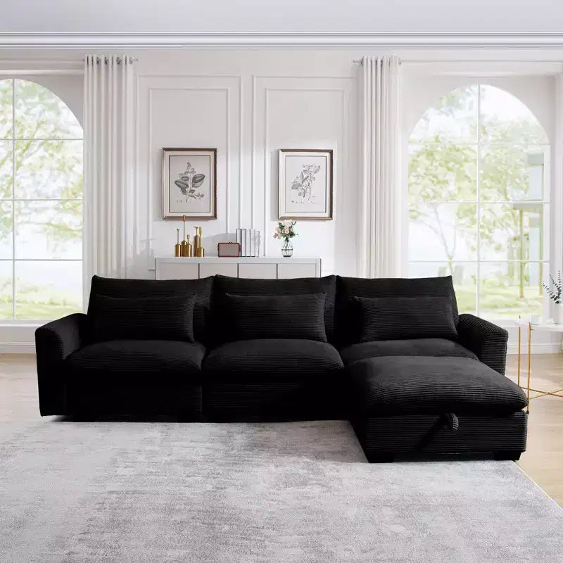 Canapé d'angle convertible Okak Comfy avec pouf de rangement et 3 oreillers, canapé moderne en velours côtelé pour salon, appartement