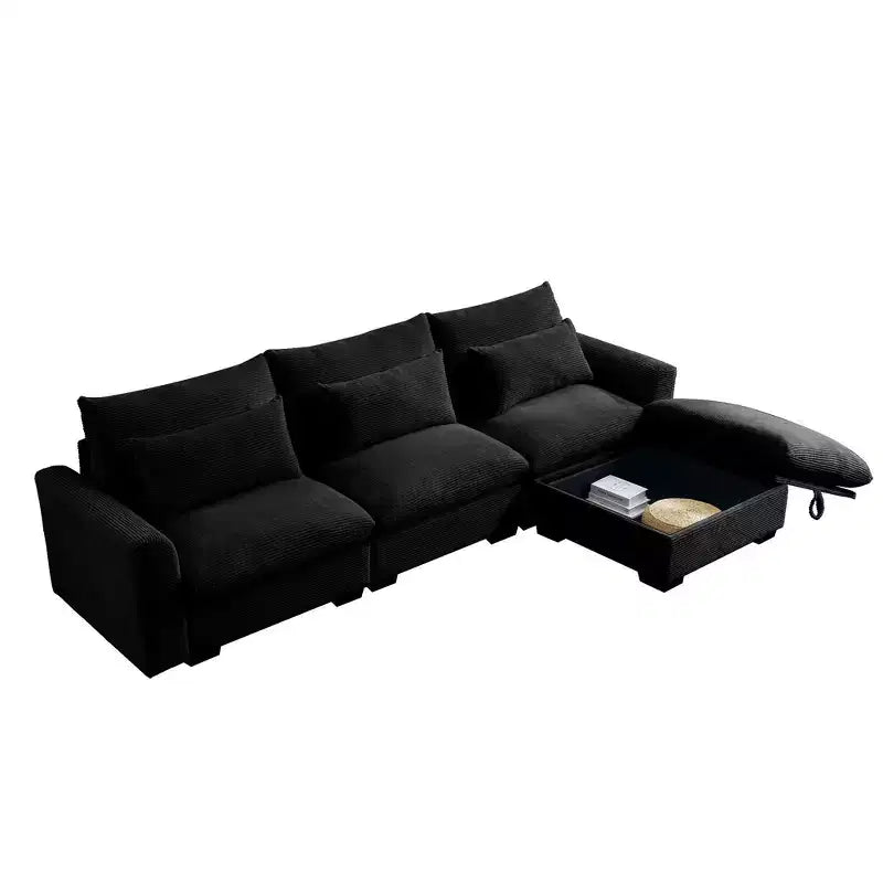 Canapé d'angle convertible Okak Comfy avec pouf de rangement et 3 oreillers, canapé moderne en velours côtelé pour salon, appartement