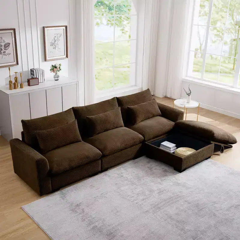 Canapé d'angle convertible Okak Comfy avec pouf de rangement et 3 oreillers, canapé moderne en velours côtelé pour salon, appartement