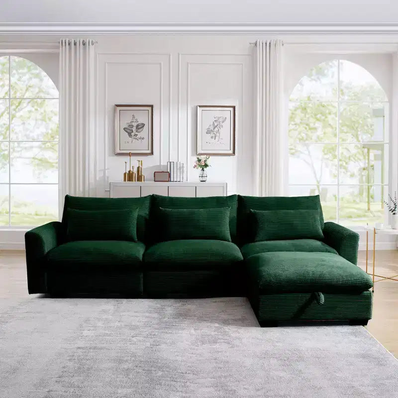 Canapé d'angle convertible Okak Comfy avec pouf de rangement et 3 oreillers, canapé moderne en velours côtelé pour salon, appartement