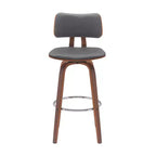 HomeRoots 30 Gray And Wood Brown Faux Leather Swivel Low Back Bar Height Bar Chair