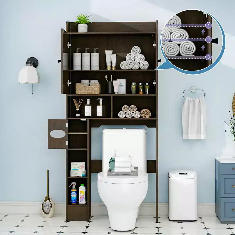 Dyonery 70 Meuble de rangement sur toilettes avec portes de grange, étagère de salle de bain haute avec porte-papier toilette, pour toilettes, buanderie, blanc