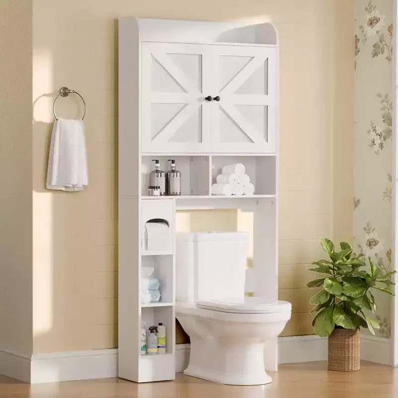 Dyonery 70 Meuble de rangement sur toilettes avec portes de grange, étagère de salle de bain haute avec porte-papier toilette, pour toilettes, buanderie, blanc