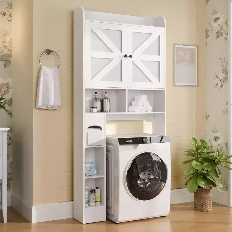 Dyonery 70 Meuble de rangement sur toilettes avec portes de grange, étagère de salle de bain haute avec porte-papier toilette, pour toilettes, buanderie, blanc