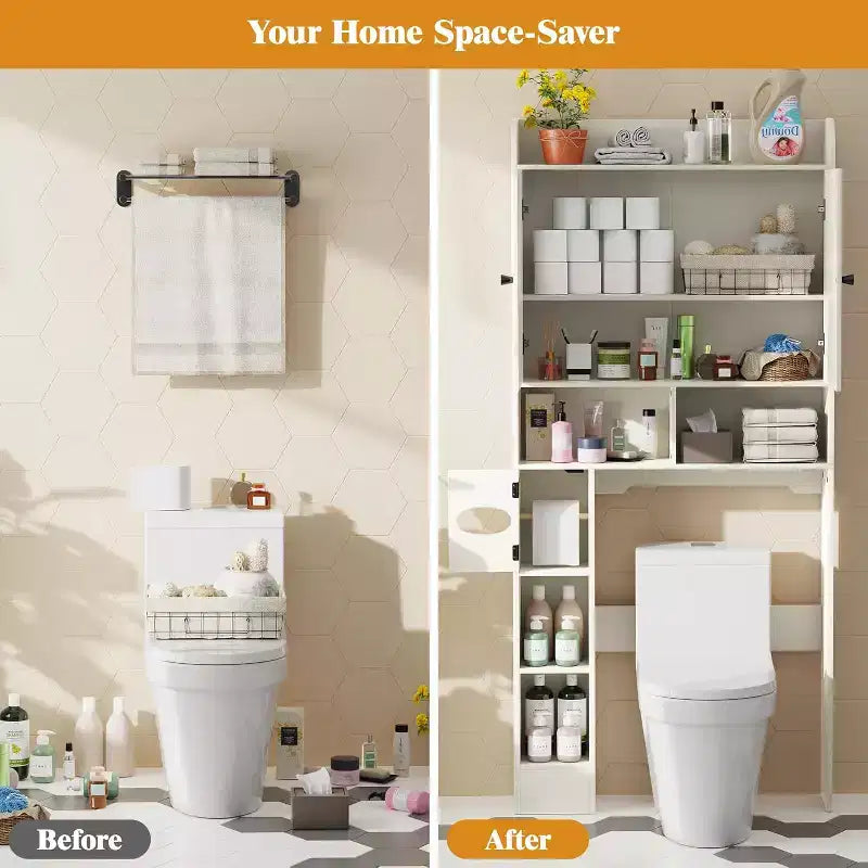 Dyonery 70 Meuble de rangement sur toilettes avec portes de grange, étagère de salle de bain haute avec porte-papier toilette, pour toilettes, buanderie, blanc