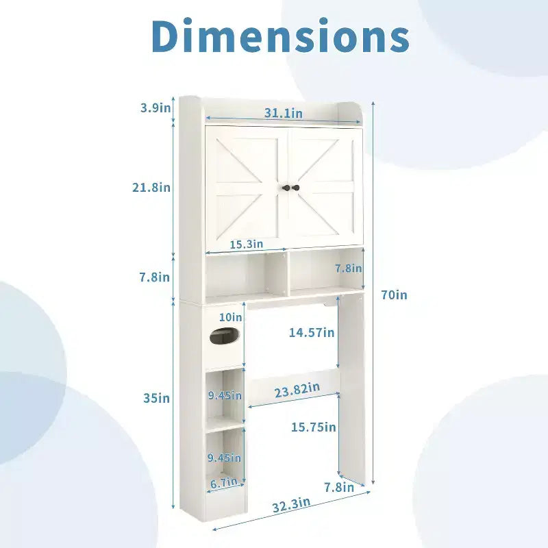 Dyonery 70 Meuble de rangement sur toilettes avec portes de grange, étagère de salle de bain haute avec porte-papier toilette, pour toilettes, buanderie, blanc