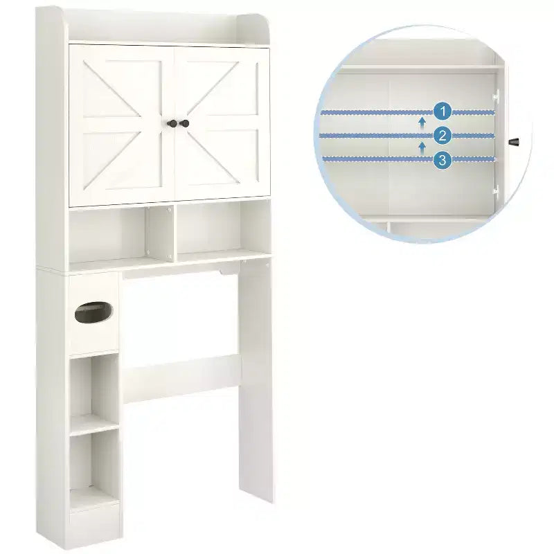 Dyonery 70 Meuble de rangement sur toilettes avec portes de grange, étagère de salle de bain haute avec porte-papier toilette, pour toilettes, buanderie, blanc