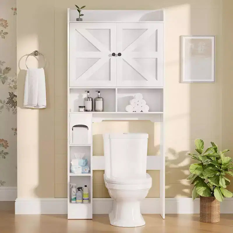 Dyonery 70 Over The Toilet Storage Cabinet with Barn Doors, Tall Bathroom Rack with Toilet Paper Holder, for Restroom, Laundry, White