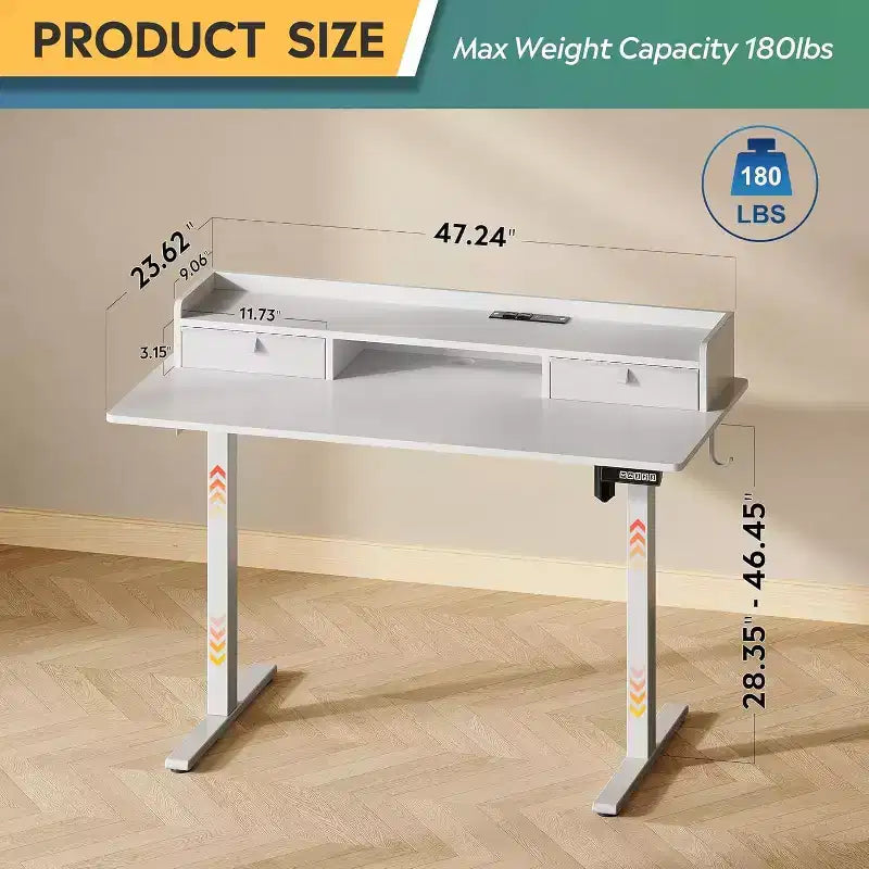 GALAXHERO Bureau debout électrique réglable de 48 à 24 pouces avec tiroirs pour bureau à domicile, bureau assis-debout avec étagère de rangement