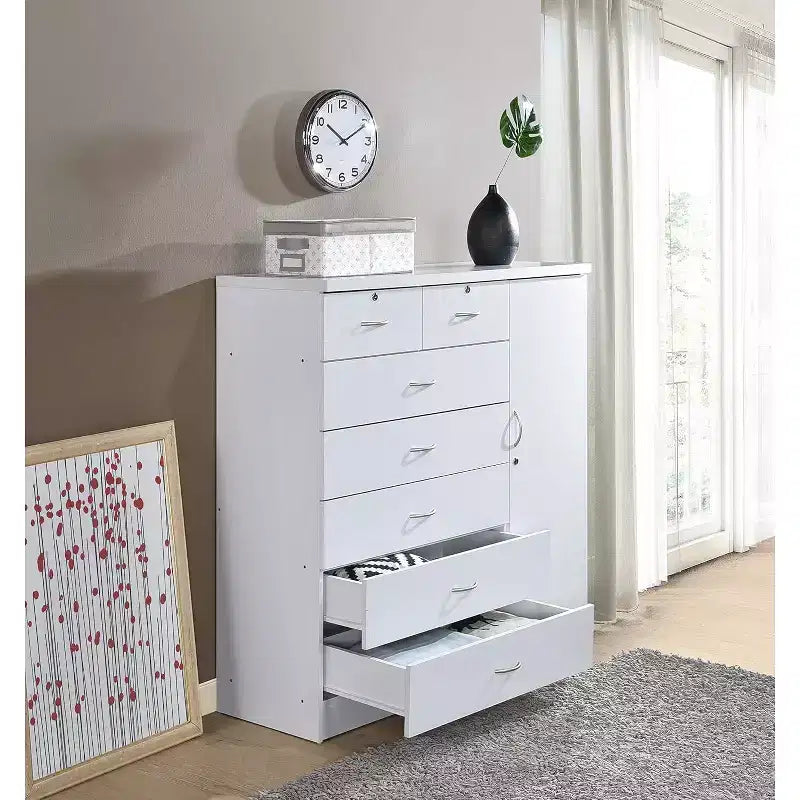 Commode jumbo HomeStock à 7 tiroirs, cinq grands tiroirs, deux petits tiroirs avec deux serrures, tringle de suspension et trois étagères, commode verticale