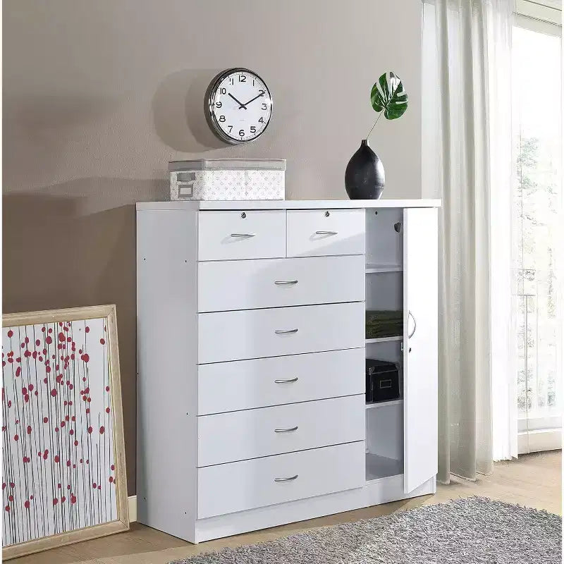 Commode jumbo HomeStock à 7 tiroirs, cinq grands tiroirs, deux petits tiroirs avec deux serrures, tringle de suspension et trois étagères, commode verticale