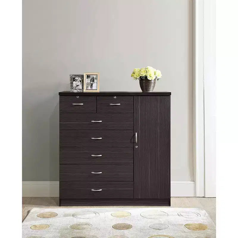 Commode jumbo HomeStock à 7 tiroirs, cinq grands tiroirs, deux petits tiroirs avec deux serrures, tringle de suspension et trois étagères, commode verticale