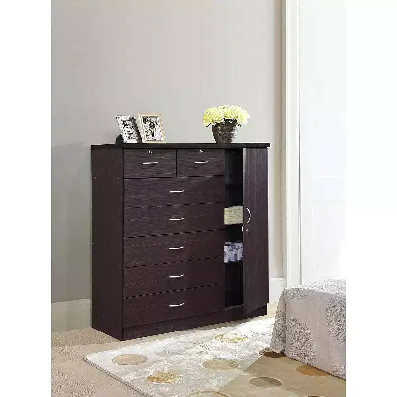 Commode jumbo HomeStock à 7 tiroirs, cinq grands tiroirs, deux petits tiroirs avec deux serrures, tringle de suspension et trois étagères, commode verticale