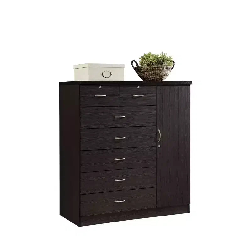 HomeStock 7 Drawer Jumbo Chest, Five Large Drawers, Two Smaller Drawers with Two Lock, Hanging Rod, and Three Shelves, Vertical Dresser